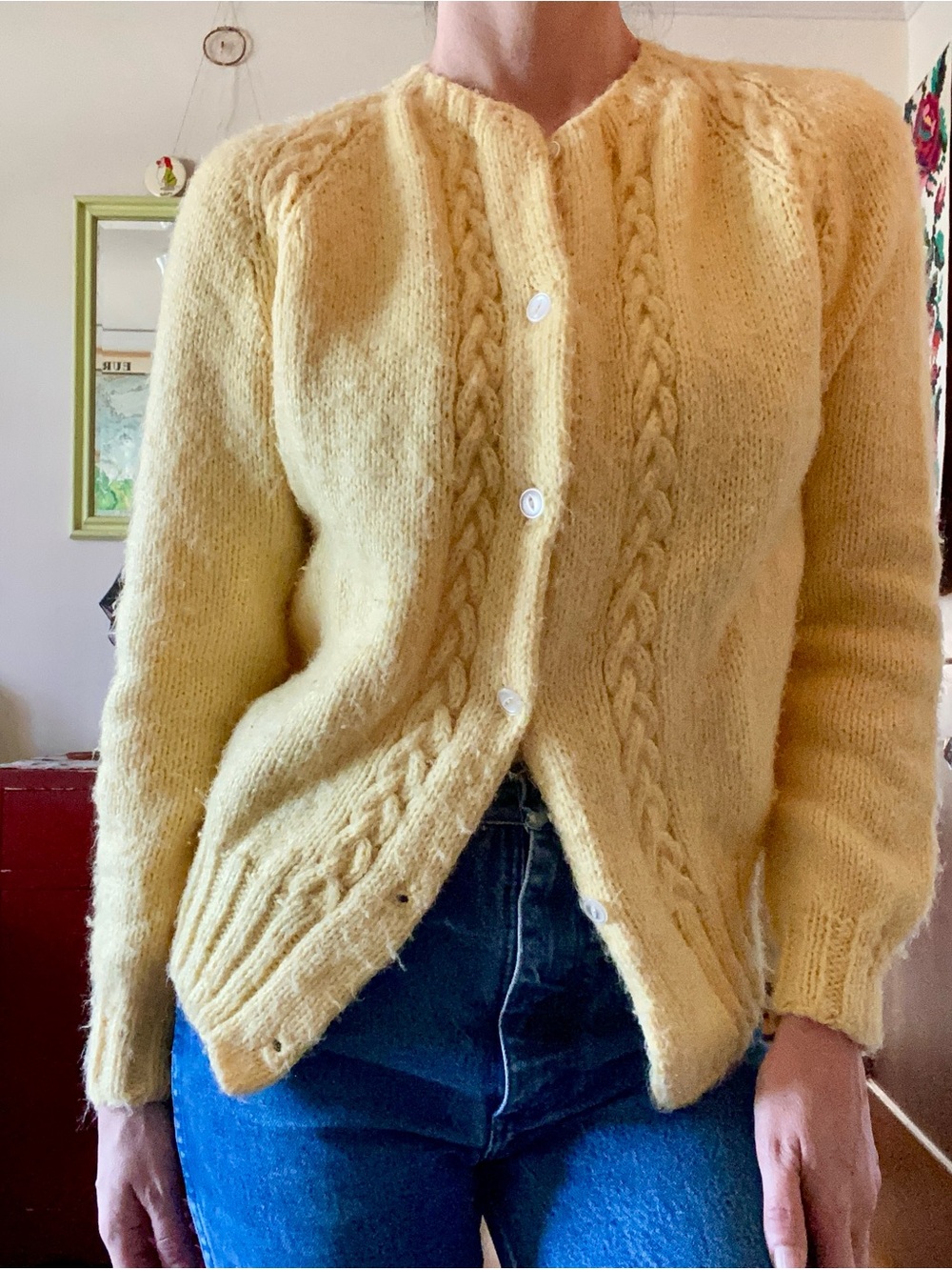 Soft Cable-Knit Vintage Yellow Cardigan Sweater